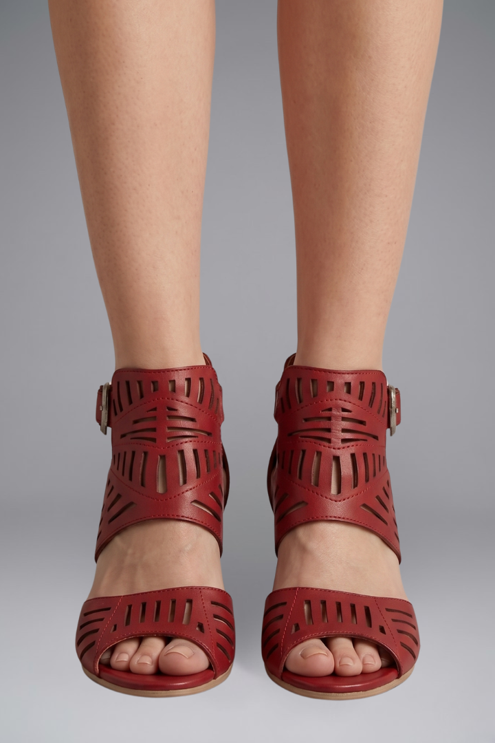 Sandals Women Laser Cut Band | Chic Block Heel Ankle Strap – Red #colour_red