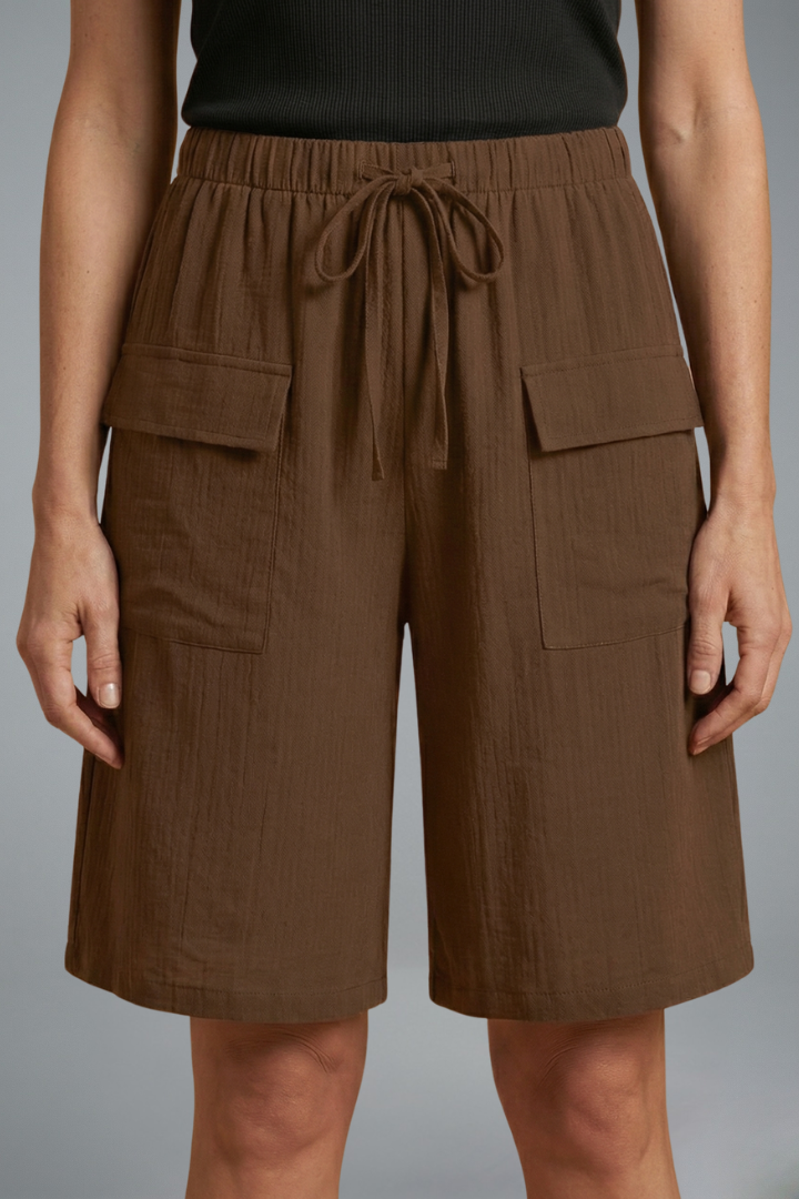 Shorts Women Crinkled Cotton Bermuda | Drawstring Waist and Flap Pockets in Brown#colour_brown