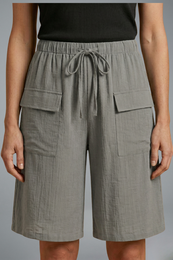 Shorts Women Crinkled Cotton Bermuda | Drawstring Waist and Flap Pockets in Grey#colour_grey