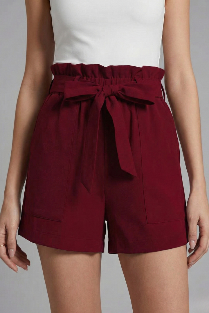 Shorts Women Paperbag Waist | Soft Tie Belt in Burgundy#colour_burgundy