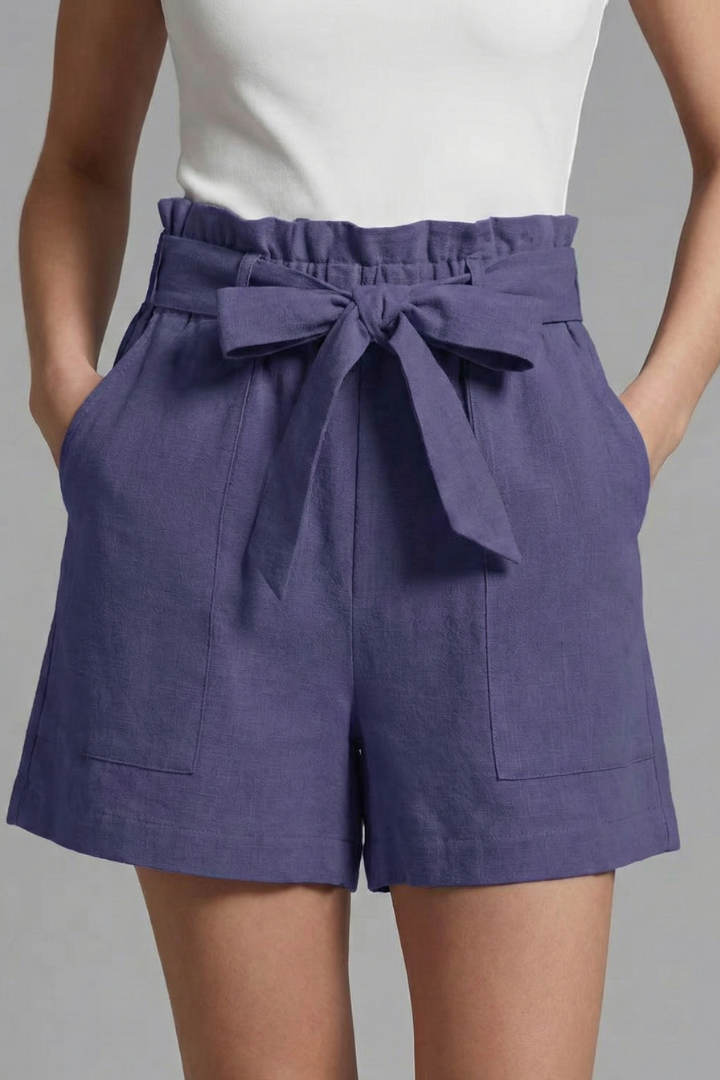 Shorts Women Paperbag Waist | Soft Tie Belt in Navy#colour_navy
