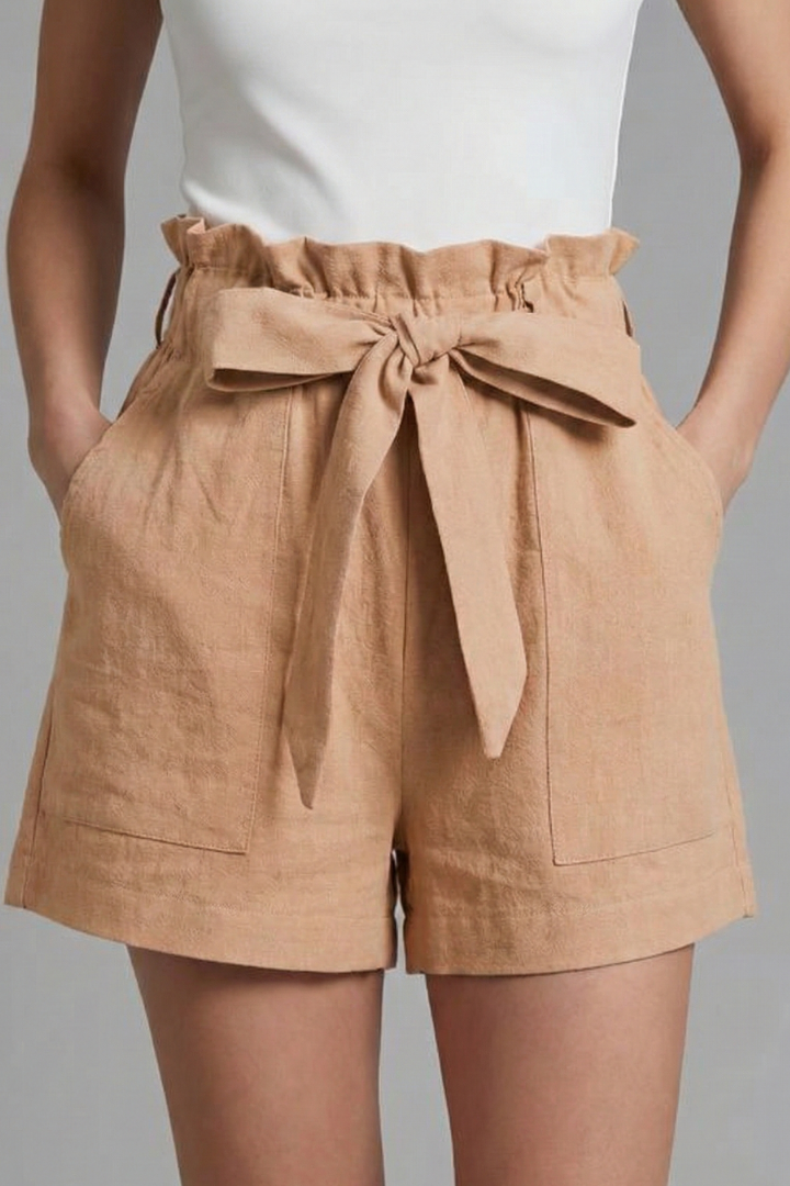 Shorts Women Paperbag Waist | Soft Tie Belt in Khaki#colour_khaki
