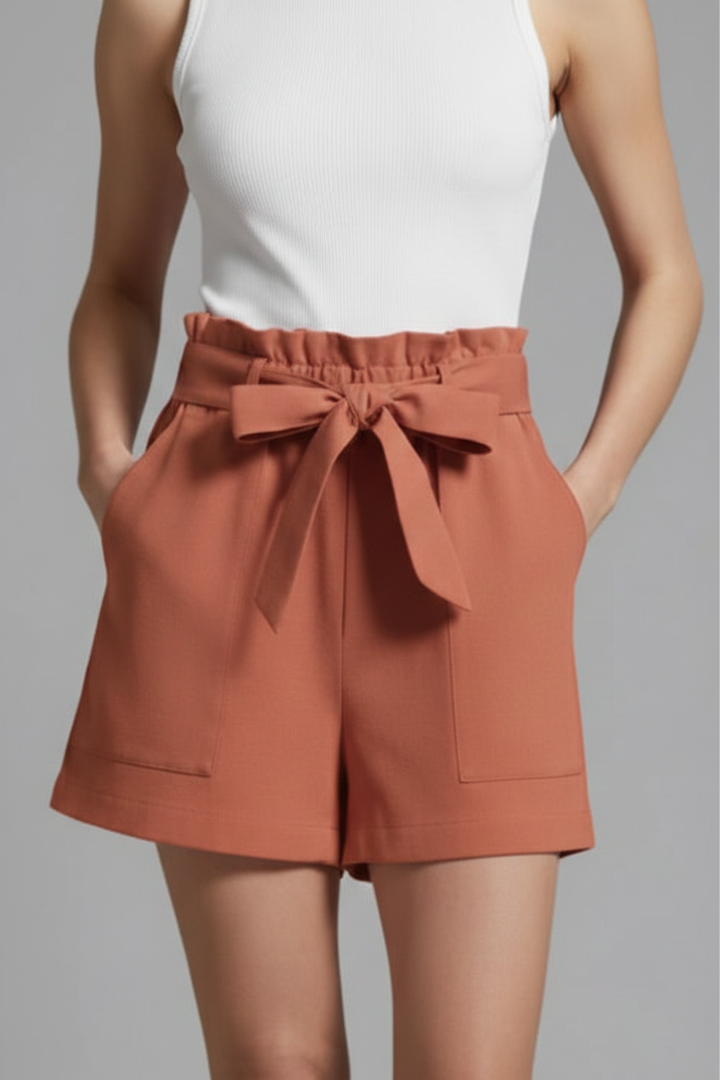 Shorts Women Paperbag Waist | Soft Tie Belt in Brown#colour_brown