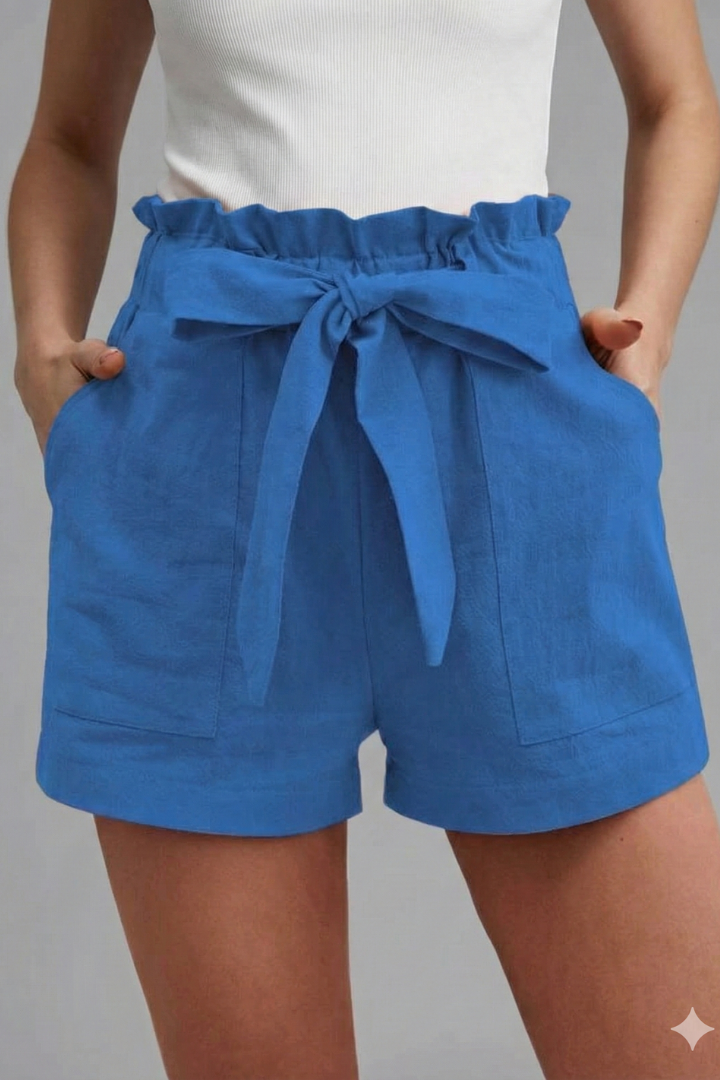 Shorts Women Paperbag Waist | Soft Tie Belt in Blue#colour_blue
