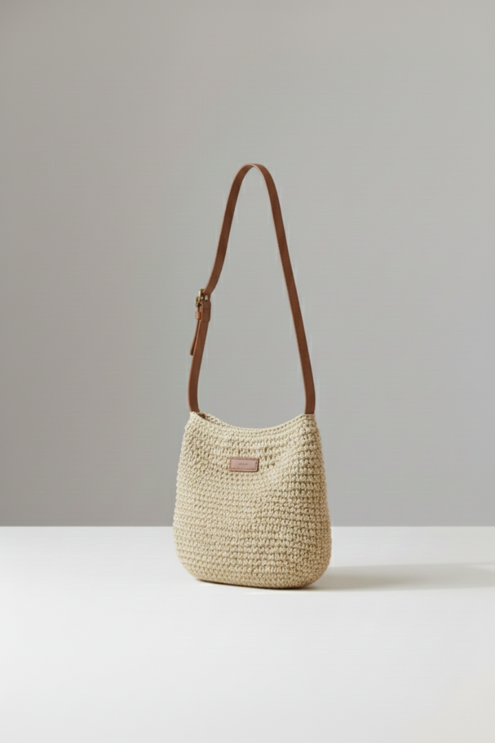 Crossbody Bag Women Undyed Raffia Bucket | Thin Leather Shoulder Strap in Beige#colour_beige