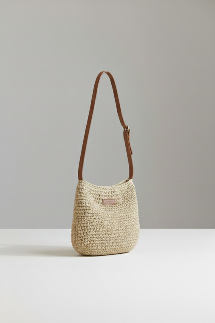 Crossbody Bag Women Woven Straw | Rounded Bucket Shape in Beige#colour_beige
