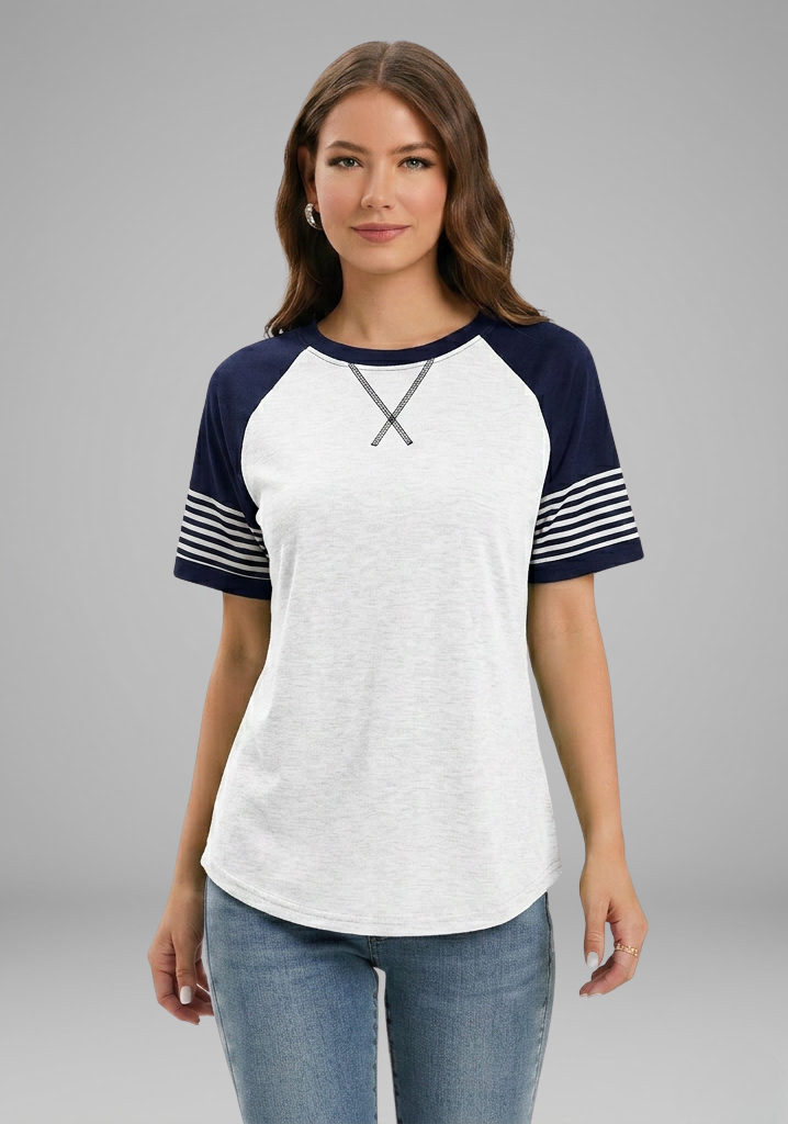 Tee Women Raglan Sleeve | Relaxed Striped Cuff in Navy#colour_navy