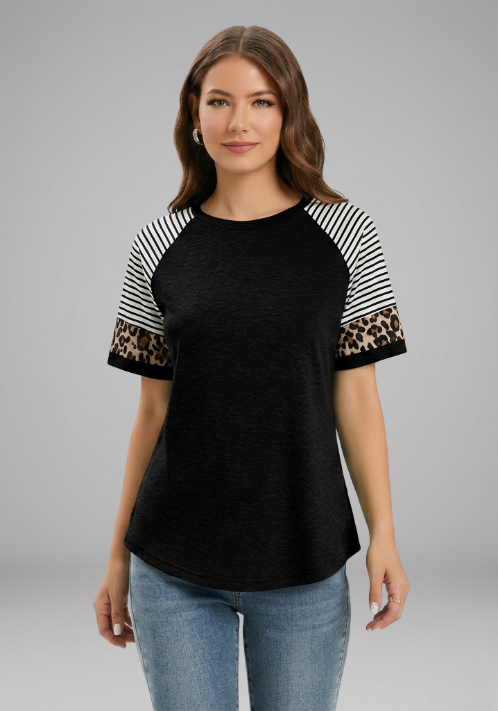 Tee Women Raglan Sleeve | Relaxed Striped Cuff in Black#colour_black