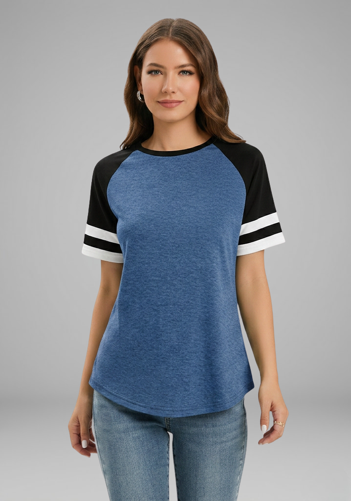 Tee Women Raglan Sleeve | Relaxed Striped Cuff in Blue#colour_blue