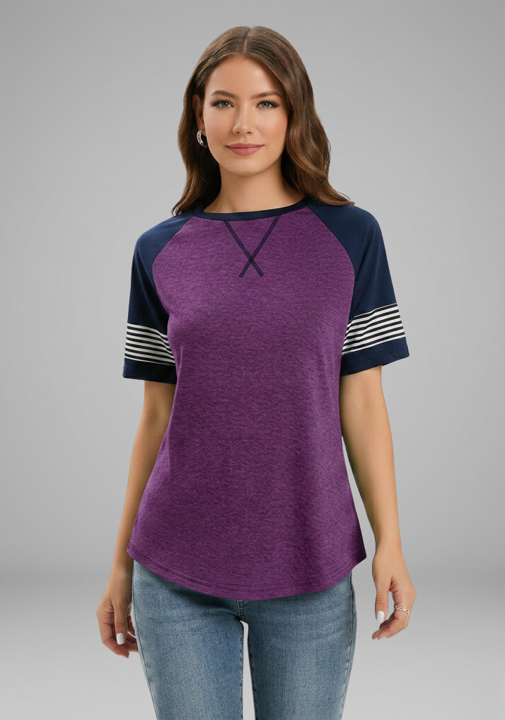 Tee Women Raglan Sleeve | Relaxed Striped Cuff in Purple#colour_purple