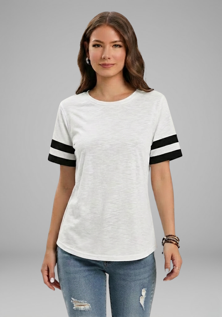 Tee Women Raglan Sleeve | Relaxed Striped Cuff in White#colour_white