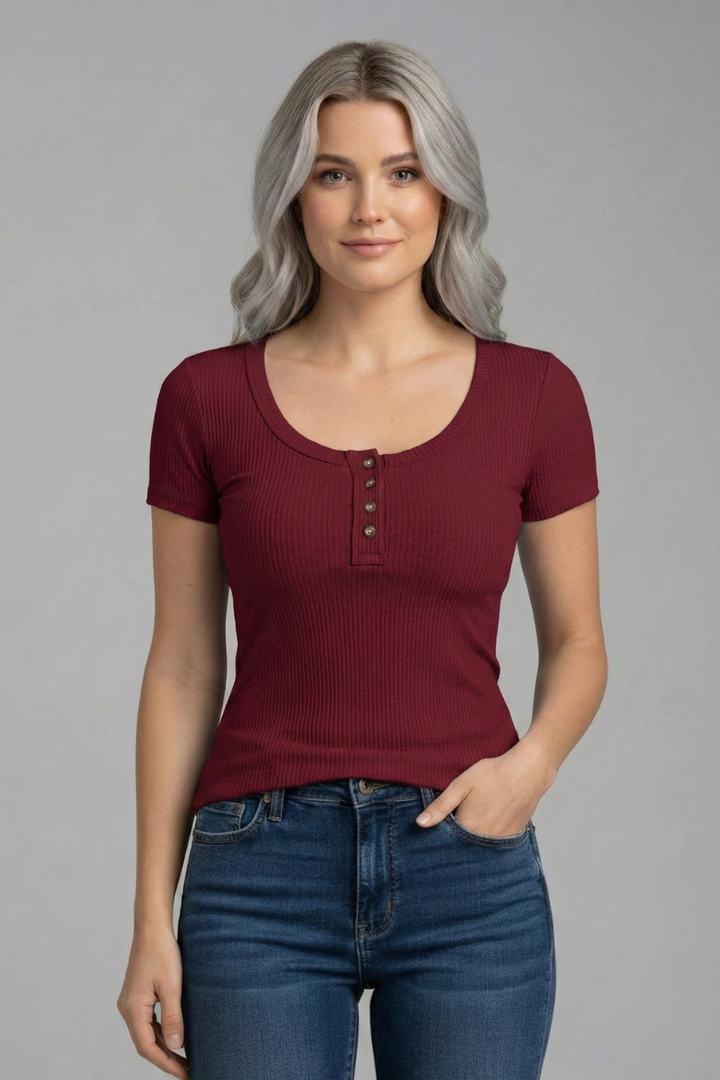 Tee Women Round Neck Ribbed | Soft Button Detail in Burgundy#colour_burgundy