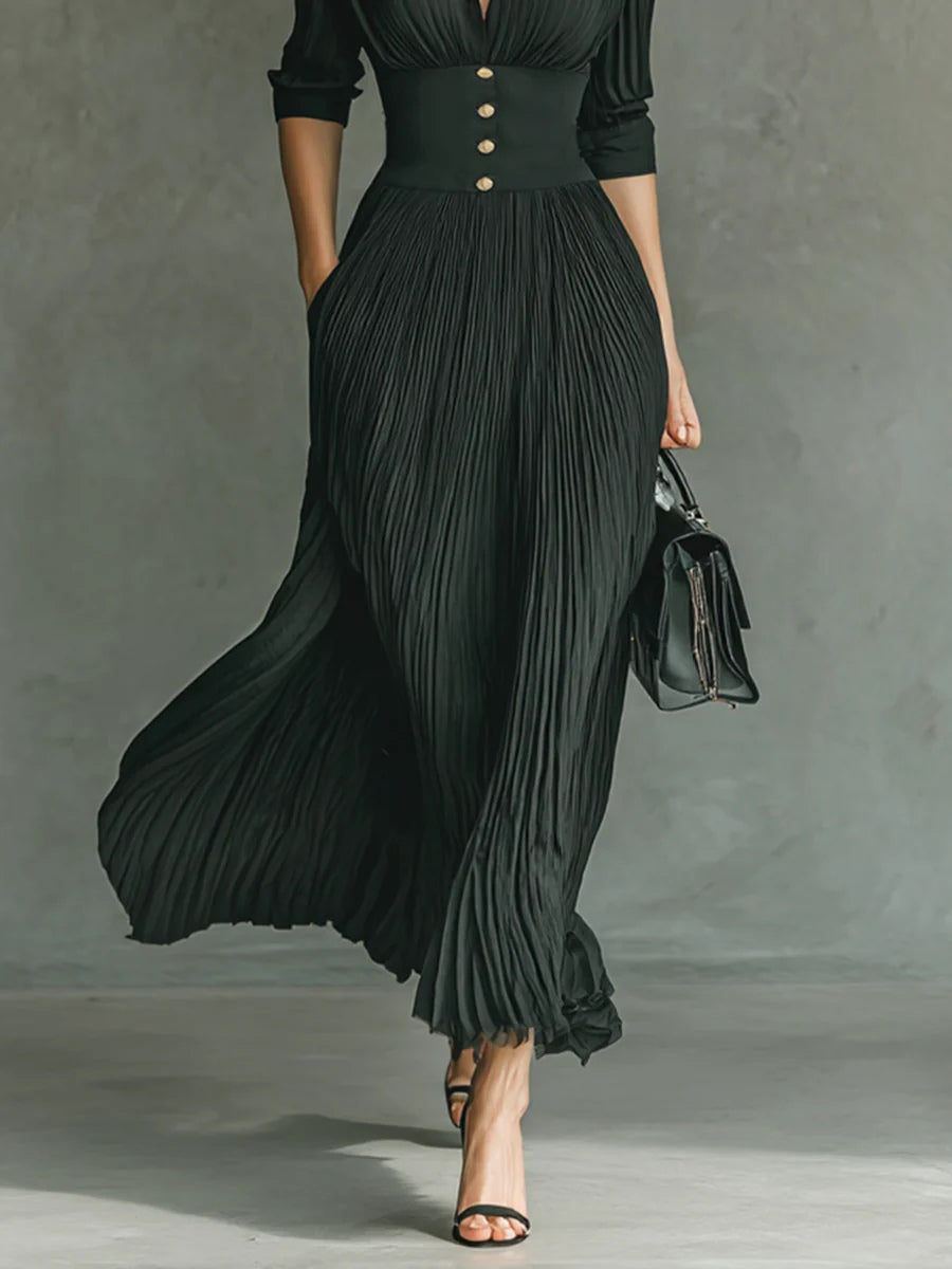 Green Dress Women with Full Length and Pleated Fall in Green#colour_green