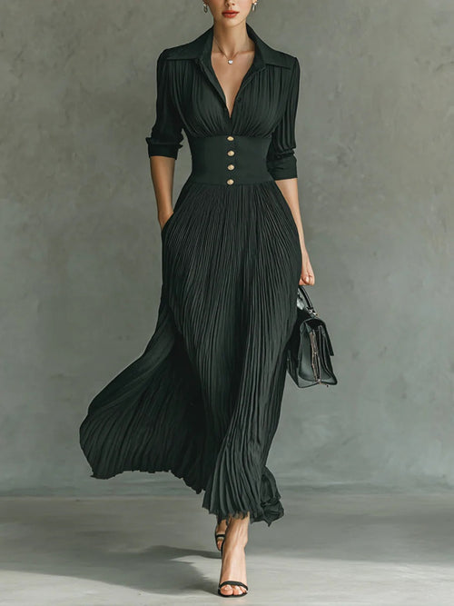 Green Dress Women with Full Length and Pleated Fall in Green#colour_green