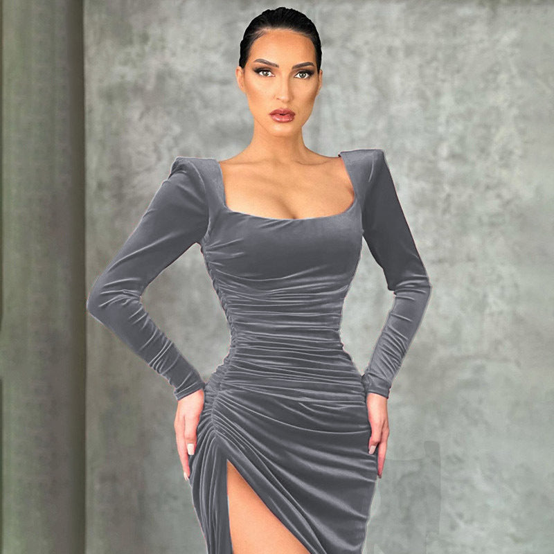 Black Formal Dresses Women with Velvet Texture in Charcoal#colour_charcoal