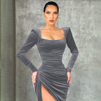 Black Formal Dresses Women with Velvet Texture in Charcoal#colour_charcoal