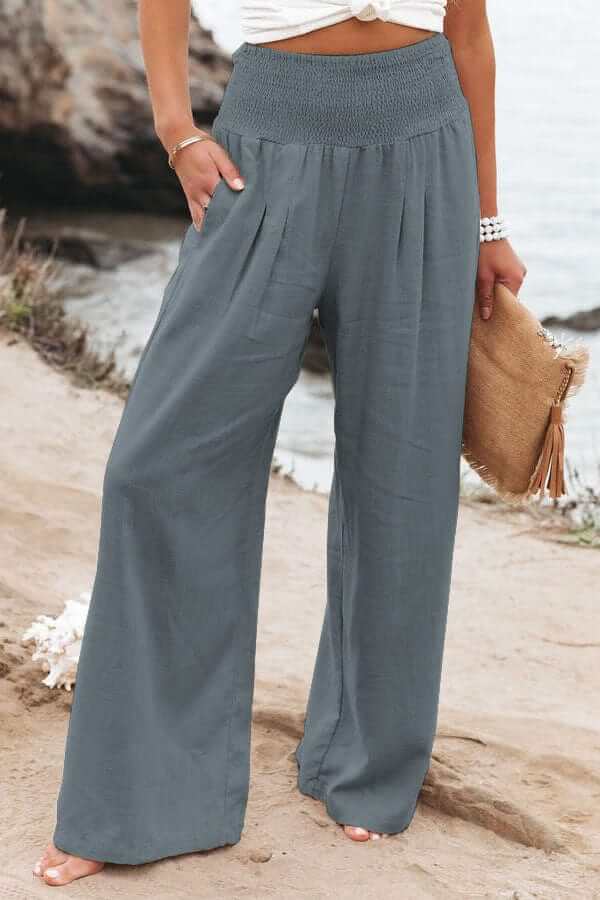 Linen Pants Women Smocked Waistband | Cotton Blend with Straight Leg – Grey #colour_grey