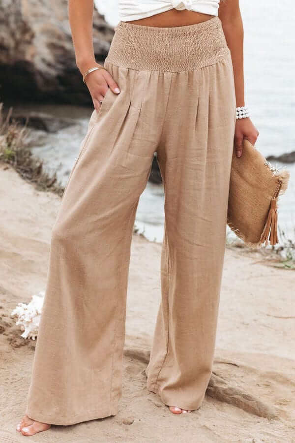 Linen Pants Women Smocked Waistband | Cotton Blend with Straight Leg – Beige #colour_beige
