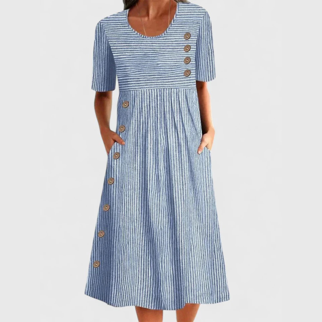 Midi Dress Women Striped Linen Look | Breezy Pleated Skirt with Buttons – Blue #colour_blue