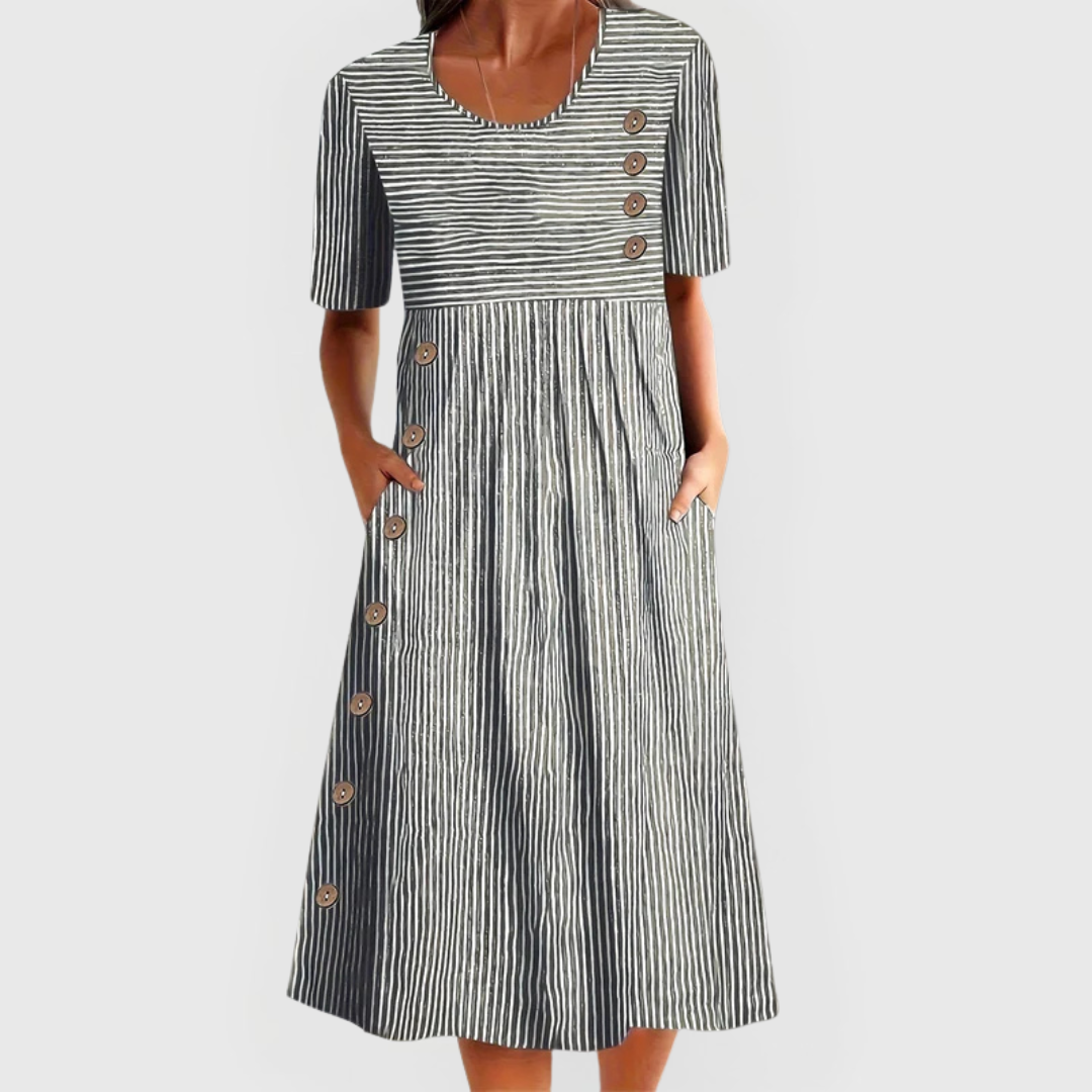 Midi Dress Women Striped Linen Look | Breezy Pleated Skirt with Buttons – Grey #colour_grey