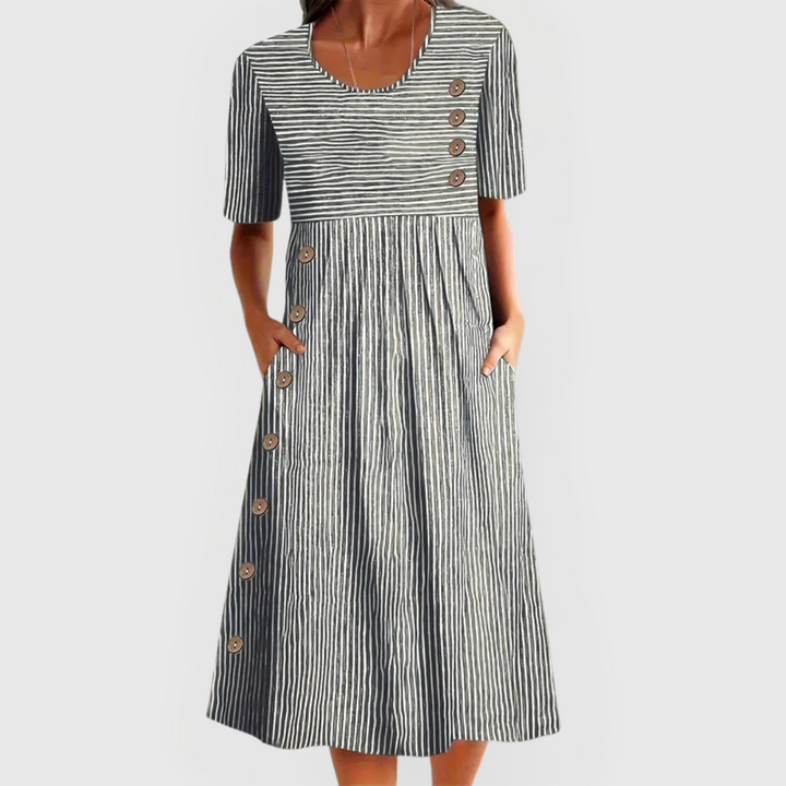 Midi Dress Women Striped Linen Look | Breezy Pleated Skirt with Buttons – Grey #colour_grey