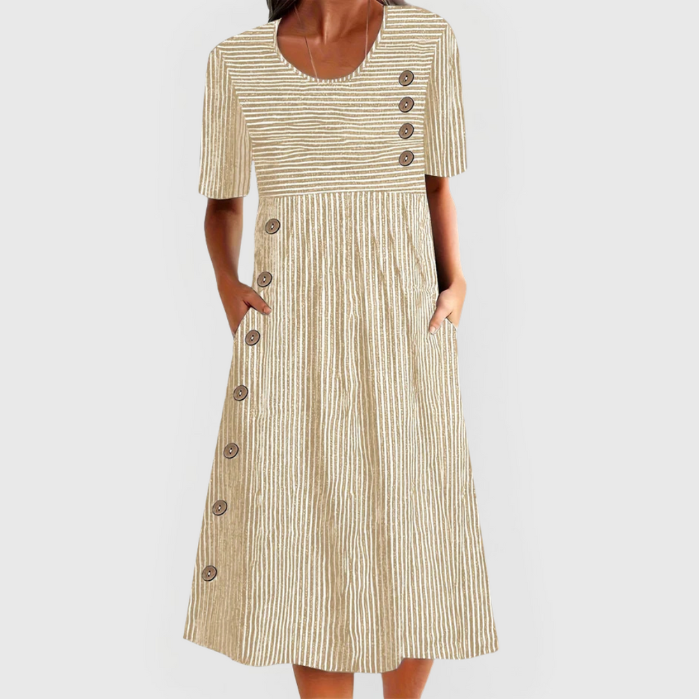 Midi Dress Women Striped Linen Look | Breezy Pleated Skirt with Buttons – Beige #colour_beige