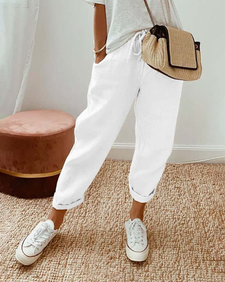Linen Pants Women Drawstring Waist | Tapered Leg and a Folded Cuff – White #colour_white