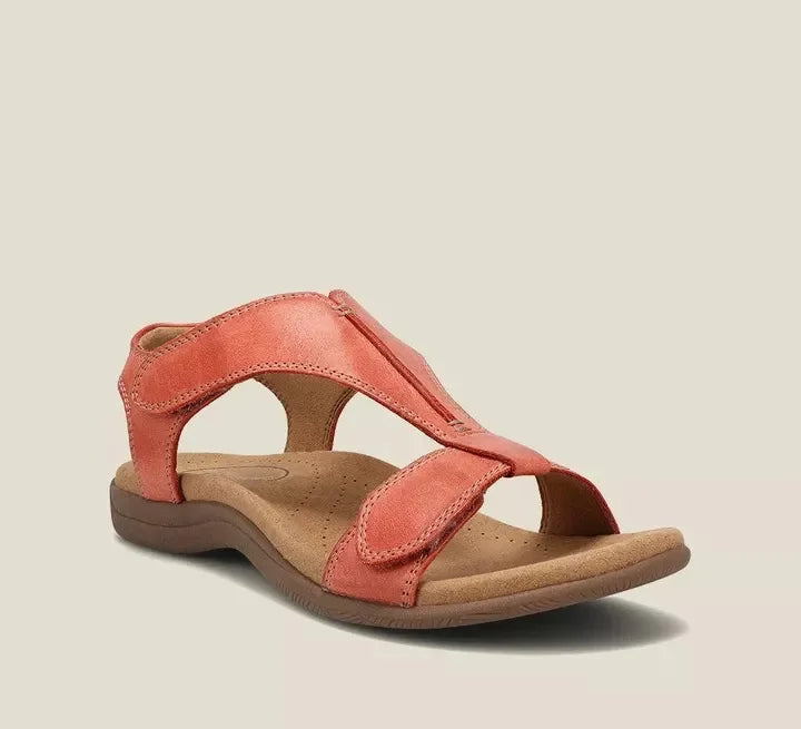 Leather Sandals Women T Strap | Soft Arch Support Footbed – Red #colour_red