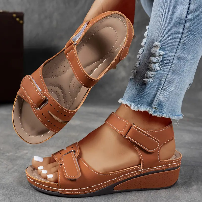 Sandals Women Studded Straps | Soft Leather Wedge Footbed – Brown #colour_brown