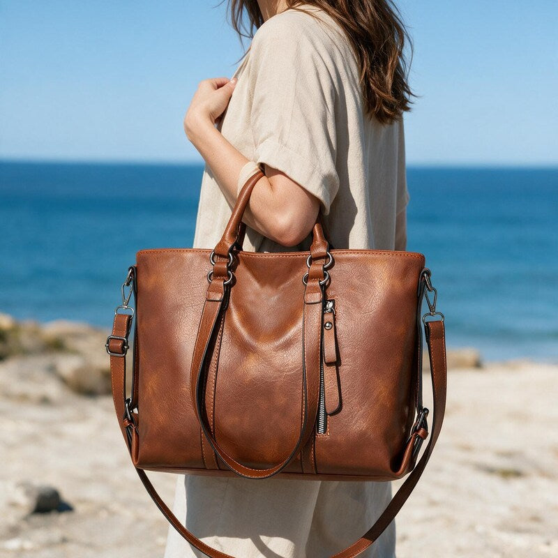 Tote Bag Women Large Leather Shopper | Long Handles and Outside Slip Pockets in Brown#colour_brown
