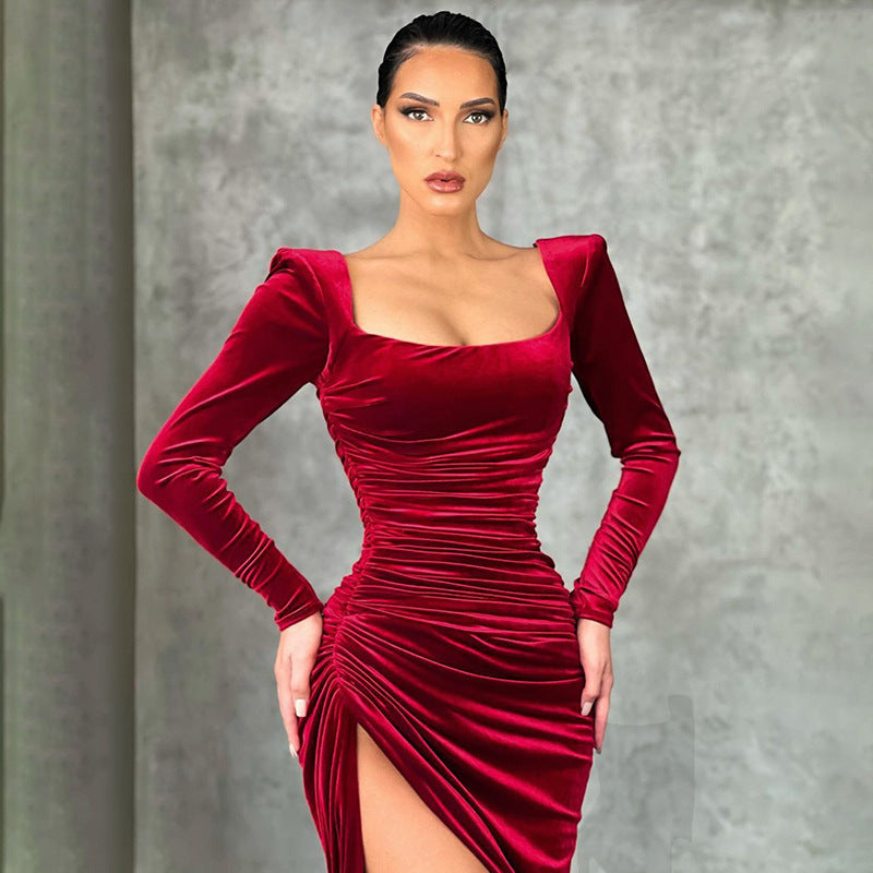 Black Formal Dresses Women with Velvet Texture in Burgundy#colour_burgundy