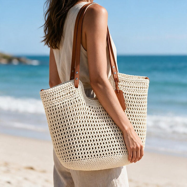 Tote Bag Women Hand Crocheted Paper Straw | Long Leather Handles in Cream#colour_cream