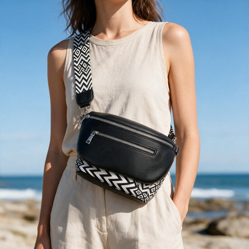 Belt Bag Women Half Moon Faux Leather | Geometric Woven Strap in Black#colour_black