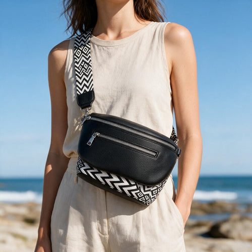 Belt Bag Women Half Moon Faux Leather | Geometric Woven Strap in Black#colour_black