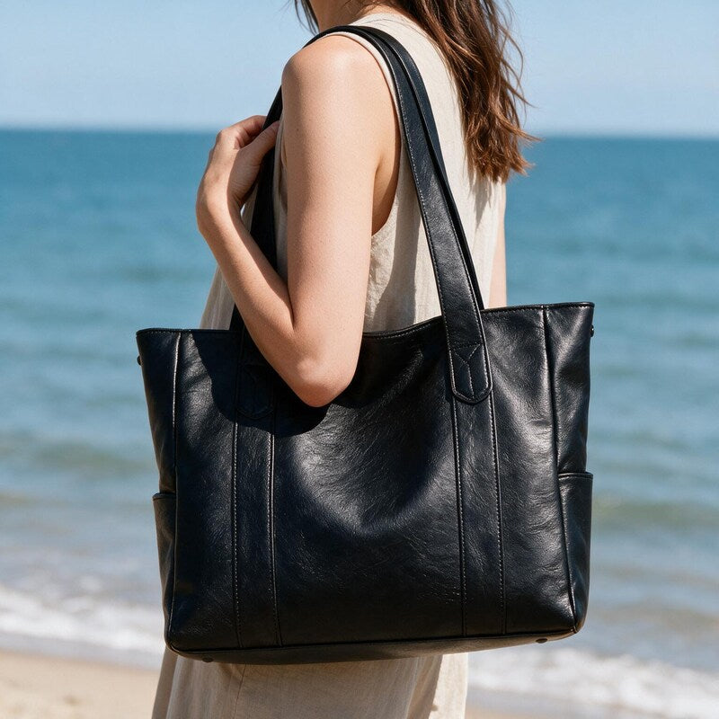 Tote Bag Women Structured Faux Leather | Twin Handles and Side Pockets in Black#colour_black