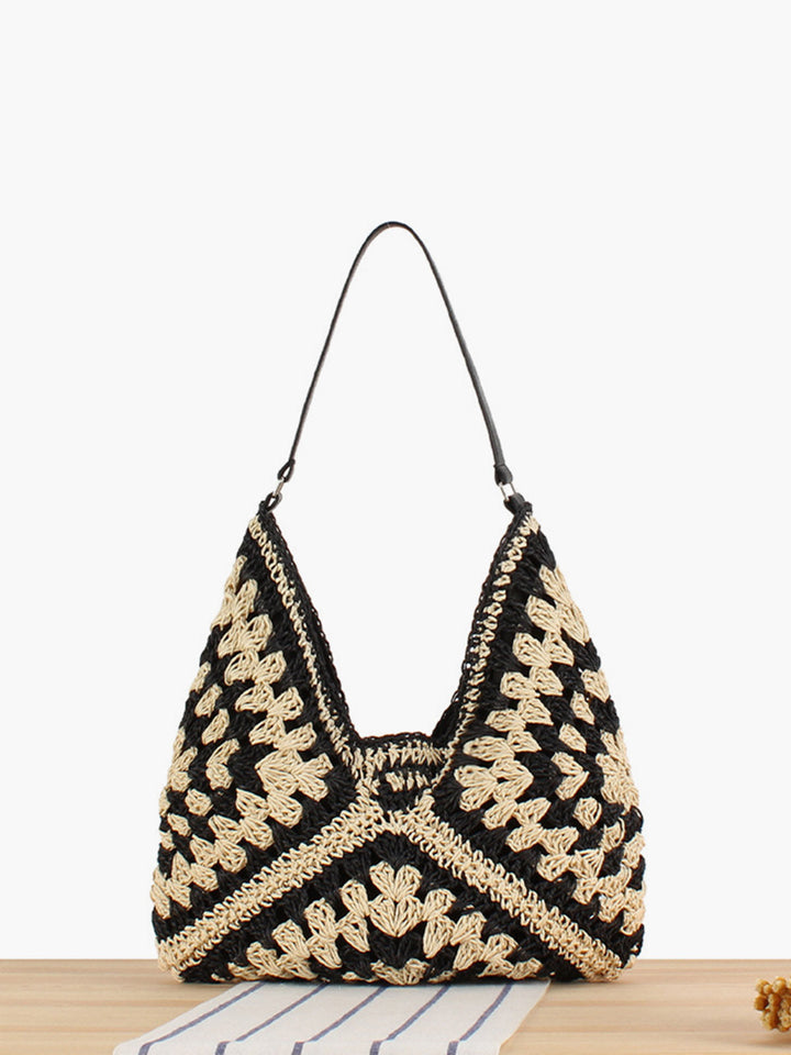 Shoulder Bag Women Crocheted Granny Square | Slouchy Hobo with Leather Handle in Black#colour_black