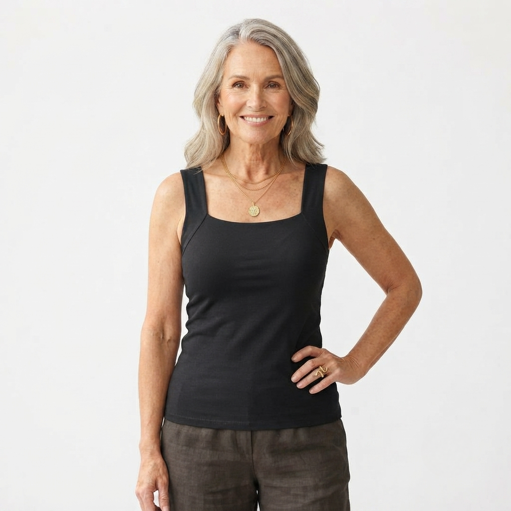 Singlet Women Built In Shelf Bra | Square Neck Ribbed Cotton in Black#colour_black