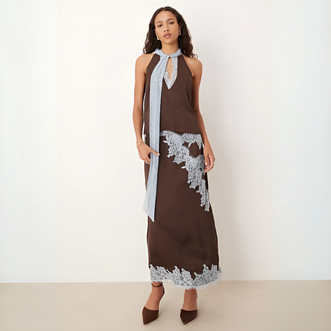 Skirts Halter Neck Top | Matching Maxi Skirt Lace Panel Detail in Brown#colour_brown