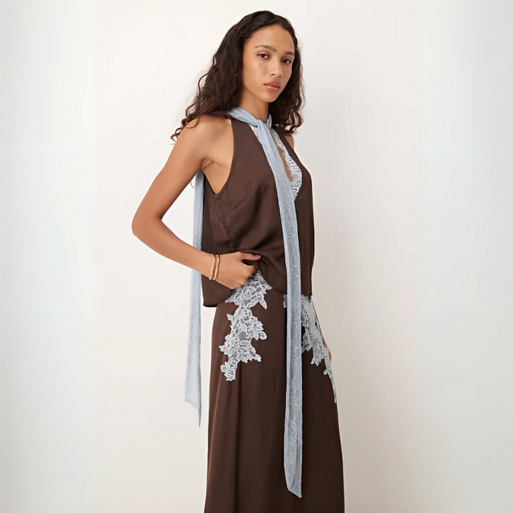 Skirts Halter Neck Top | Matching Maxi Skirt Lace Panel Detail in Brown#colour_brown