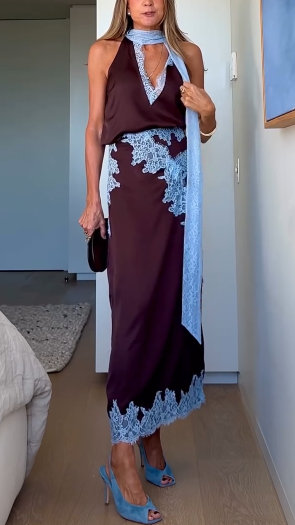 Skirts Halter Neck Top | Matching Maxi Skirt Lace Panel Detail in Brown#colour_brown