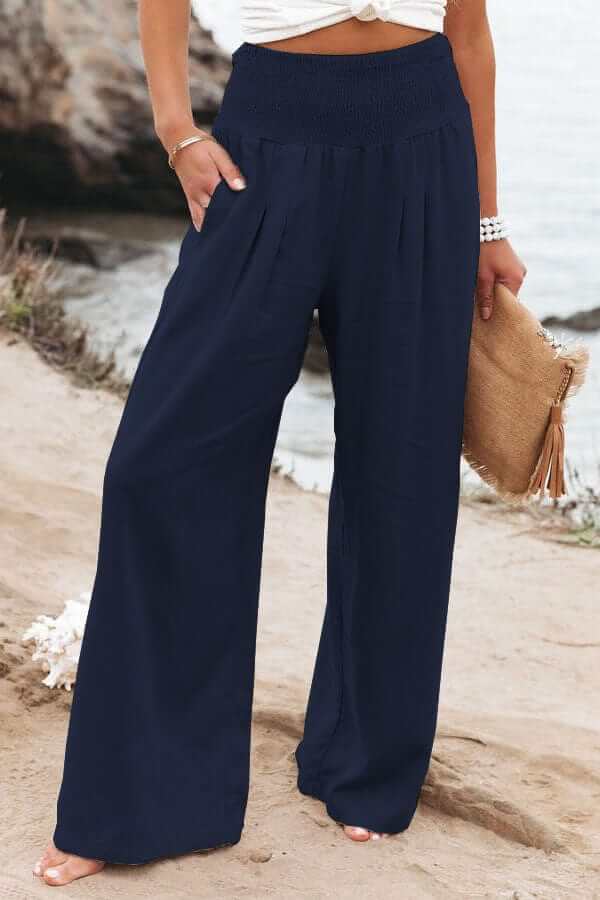 Linen Pants Women Smocked Waistband | Cotton Blend with Straight Leg – Navy #colour_navy