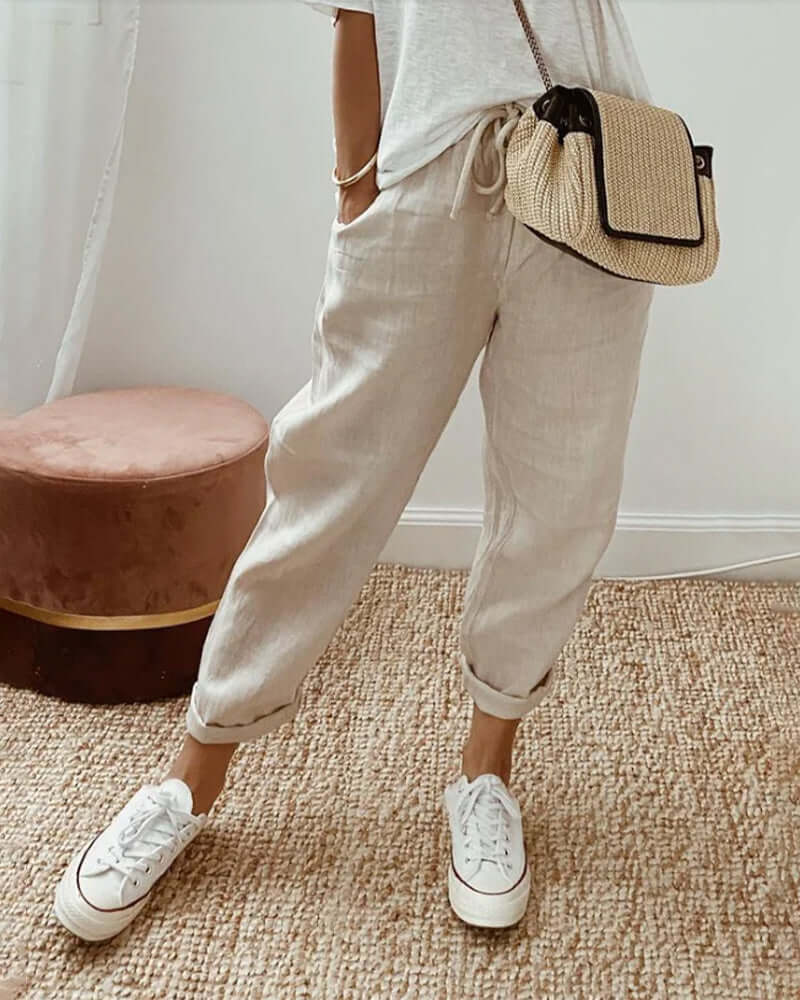 Linen Pants Women Drawstring Waist | Tapered Leg and a Folded Cuff – Beige #colour_beige