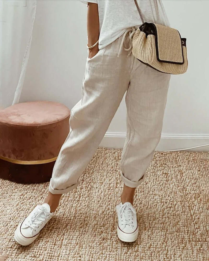 Linen Pants Women Drawstring Waist | Tapered Leg and a Folded Cuff – Beige #colour_beige