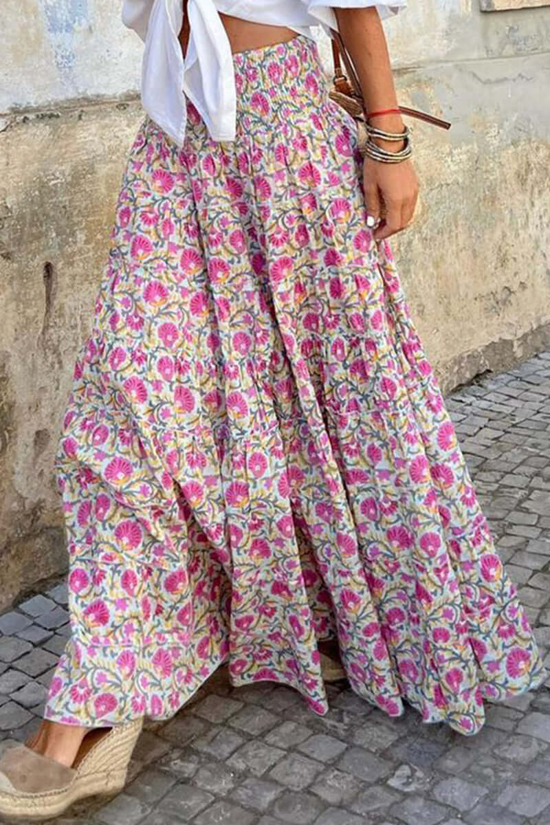 Midi Skirt Women Ornamental Print | Smocked Elasticated Waist – Pink #colour_pink