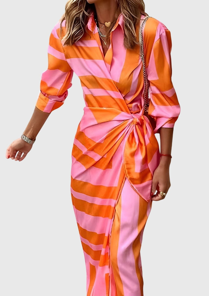 Wrap Dress Women Geometric Print Midi | Blouson Sleeves and Side Tie in Orange#colour_orange