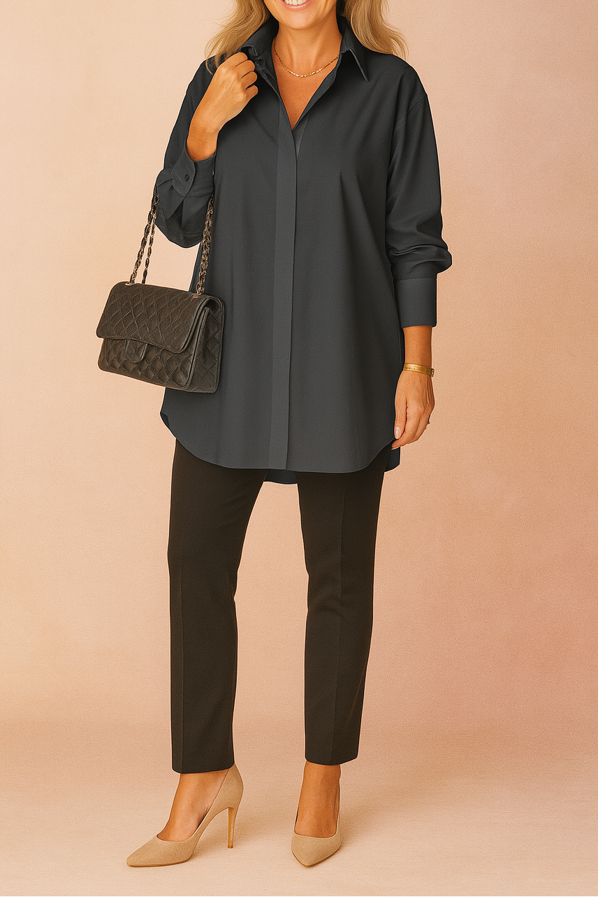 Black Shirts Women with Oversized Fit and Full Length in Black#colour_black
