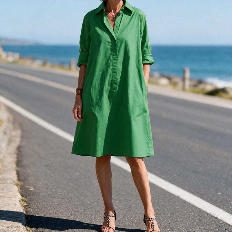 Shirt Dress Women Crisp Cotton Poplin | Roll Up Sleeves and A Line Skirt in Green#colour_green