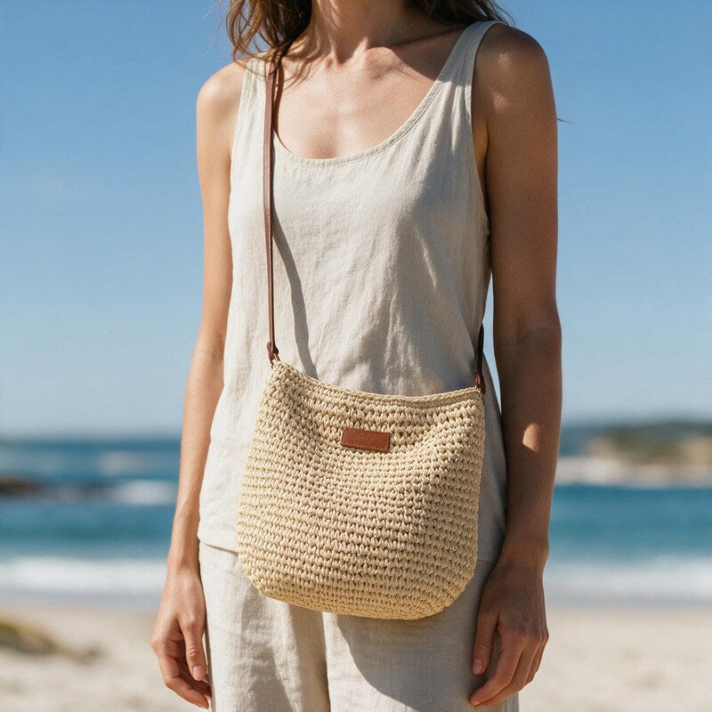 Crossbody Bag Women Undyed Raffia Bucket | Thin Leather Shoulder Strap in Beige#colour_beige