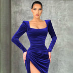 Black Formal Dresses Women with Velvet Texture in Blue#colour_blue