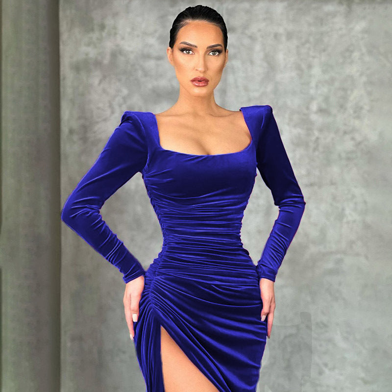 Black Formal Dresses Women with Velvet Texture in Blue#colour_blue